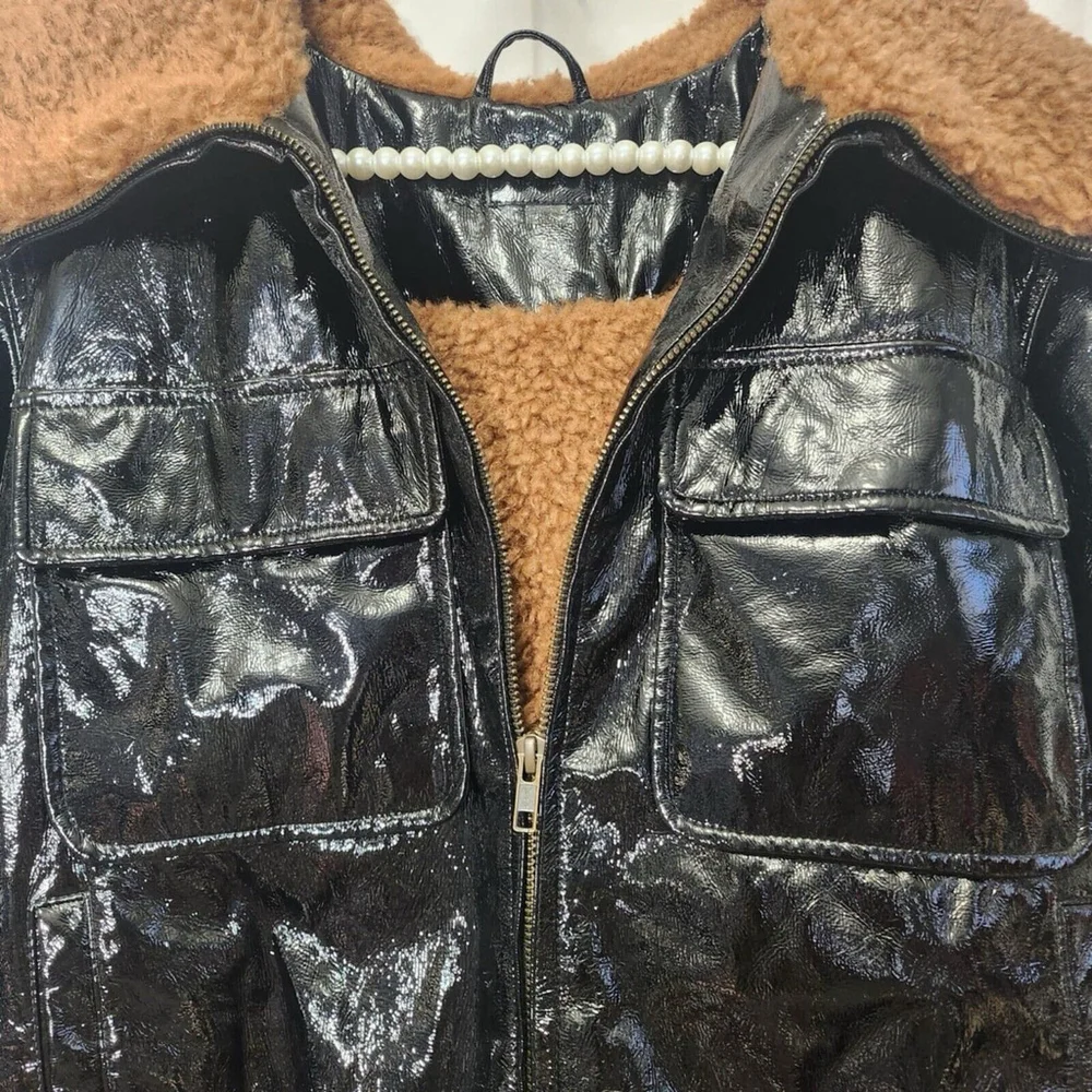 MOTHER Faux Leather Pilot Jacket Don’t Crash Faux Fur Bomber Jacket Black Sz XL